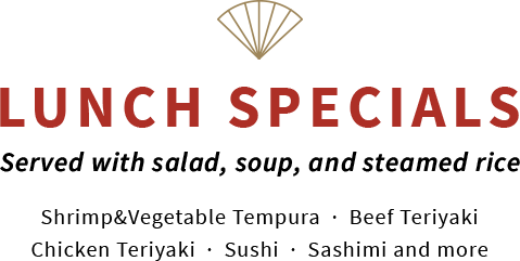 Lunch Specials Served with salad, soup, and steamed rice Shrimp and Vegetable Tempura, Beef Teriyaki, Chicken Teriyaki, Sushi,Sashimi and more